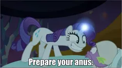 Size: 652x364 | Tagged: suggestive, derpibooru import, edit, edited screencap, screencap, rarity, spike, dragon, pony, unicorn, dragon dropped, caption, female, image macro, imminent foalcon, impact font, male, mare, meme, prepare your anus, shipping, sparity, straight, text, text edit, this will end in foalcon