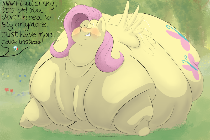 Size: 3000x2000 | Tagged: questionable, artist:lupin quill, derpibooru import, fluttershy, pegasus, pony, belly, belly bed, big belly, bingo wings, blushing, butt, chubby cheeks, dialogue, double chin, eyes closed, fat, fat fetish, fat wings, fattershy, female, fetish, field, flabby chest, flower, grass, gritted teeth, huge belly, huge butt, implied rainbow dash, implied weight gain, impossibly large belly, impossibly large butt, large butt, morbidly obese, near immobile, obese, offscreen character, plot, rolls of fat, solo, solo female, spread wings, sweat, sweatdrop, wings