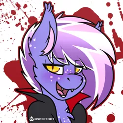 Size: 1280x1280 | Tagged: safe, artist:whisperfoot, derpibooru import, oc, oc:berry frost, bat pony, pony, vampire, vampony, bat ponified, blood, blushing, chest fluff, chest freckles, cloak, clothes, cute, ear fluff, ear freckles, fangs, freckles, looking at you, male, multicolored hair, open mouth, race swap, simple background, slit eyes, slit pupils, smiling, solo, teeth