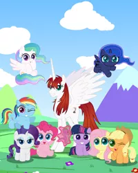 Size: 2400x3000 | Tagged: safe, artist:spellboundcanvas, derpibooru import, applejack, fluttershy, pinkie pie, princess celestia, princess luna, rainbow dash, rarity, spike, twilight sparkle, oc, oc:fausticorn, alicorn, earth pony, pegasus, pony, unicorn, applejack's hat, chibi, cowboy hat, cute, cutelestia, dashabetes, diapinkes, flower, happy birthday mlp:fim, hat, jackabetes, lauren faust, lunabetes, mlp fim's ninth anniversary, mountain, raribetes, shyabetes, spikabetes, twiabetes