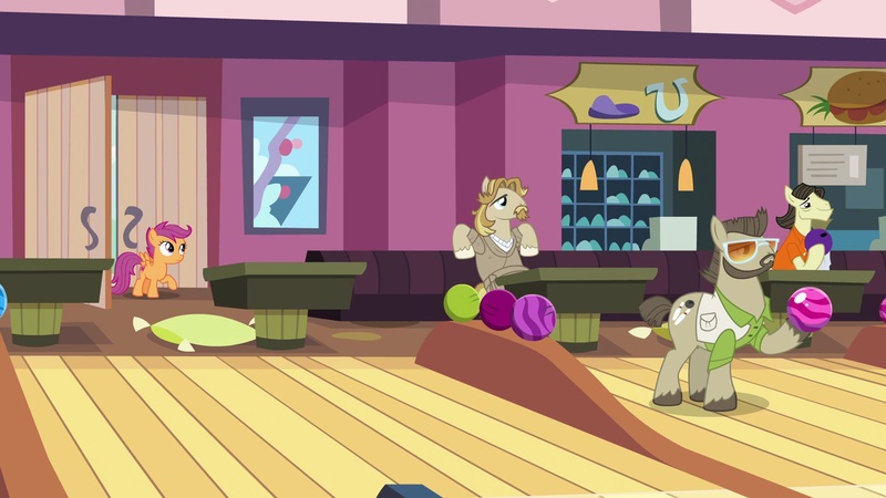 Size: 1920x1080 | Tagged: safe, derpibooru import, screencap, colter sobchak, jeff letrotski, scootaloo, theodore donald "donny" kerabatsos, earth pony, pegasus, pony, the big mac question, background pony, bowling alley, bowling ball, donny, female, filly, male, movie reference, raised hoof, stallion, the dude