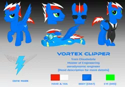 Size: 3000x2083 | Tagged: safe, artist:rd4590, derpibooru import, oc, oc:vortex clipper, pegasus, pony, clothes, cutie mark, looking at you, necktie, reference sheet, simple background, suit, sunglasses, uniform, vector, wonderbolts uniform