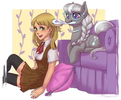 Size: 2428x2019 | Tagged: safe, artist:taytinabelle, derpibooru import, silver spoon, oc, oc:lauren steffords, earth pony, human, pony, accessories, braid, braided ponytail, brush, clothes, commission, couch, cute, cutie mark, digital art, dress, fanfic art, female, glasses, hairbrush, happy, jewelry, looking at you, mare, necklace, older, older silver spoon, open mouth, pearl necklace, pleated skirt, silverbetes, simple background, skirt, smiling, socks, thigh highs, transparent background, zettai ryouiki