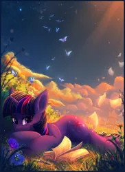 Size: 1618x2218 | Tagged: safe, artist:atlas-66, derpibooru import, twilight sparkle, butterfly, insect, ladybug, pony, unicorn, fanfic, fanfic:the star in yellow, book, commission, cute, fanfic art, female, flower, mare, pen, prone, smiling, solo, twiabetes, unicorn twilight