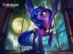 Size: 1400x1028 | Tagged: safe, artist:john thacker, artist:johnofthenorth, derpibooru import, official, nightmare moon, princess luna, alicorn, pony, friendship is magic, female, full moon, hoof shoes, magic the gathering, mare, mare in the moon, moon, one hoof raised, ponies the galloping, raised hoof, s1 luna, solo