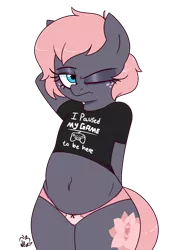 Size: 1400x2000 | Tagged: suggestive, artist:notenoughapples, derpibooru import, oc, oc:vedalia rose, unofficial characters only, earth pony, semi-anthro, belly button, bipedal, clothes, female, hooves behind head, mare, one eye closed, panties, pink underwear, ribbon, shirt, simple background, solo, solo female, tired, transparent background, t-shirt, underwear
