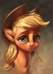 Size: 765x1080 | Tagged: safe, artist:assasinmonkey, derpibooru import, applejack, earth pony, pony, cowboy hat, crying, female, hat, mare, sad, solo, stetson, unhapplejack