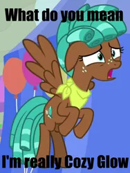 Size: 790x1048 | Tagged: safe, derpibooru import, edit, edited screencap, screencap, cozy glow, spur, pegasus, pony, growing up is hard to do, bandana, caption, cozy spur, cropped, female, filly, image macro, impact font, neckerchief, teenager, text, wings