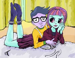 Size: 3300x2550 | Tagged: suggestive, artist:filomental, derpibooru import, microchips, sunny flare, fanfic, equestria girls, clothes, fanfic art, fanfic cover, image, implied sex, jpeg, shipping, socks, spanish, stepbrothers