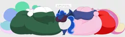 Size: 2800x840 | Tagged: anthro, artist:two-ton-neko, belly, belly on floor, big belly, big breasts, boob window, breasts, busty princess cadance, busty princess celestia, busty princess luna, butt, cleavage, derpibooru import, dialogue, fat, female, females only, fetish, huge belly, huge breasts, huge butt, impossibly large belly, impossibly large breasts, impossibly large butt, impossibly wide ass, impossibly wide hips, impossibly wide thighs, large butt, long tail, morbidly obese, obese, plantigrade anthro, princess cadance, princess celestia, princess luna, sequel, simple background, size difference, suggestive, tight clothing, trio, trio female, weight gain, white background, wide hips