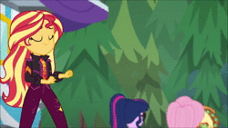 Size: 1920x1080 | Tagged: safe, derpibooru import, screencap, applejack, fluttershy, rainbow dash, sci-twi, sunset shimmer, twilight sparkle, equestria girls, equestria girls series, sunset's backstage pass!, spoiler:eqg series (season 2), accidental spanking denied, animated, clothes, dodge, female, geode of empathy, geode of super speed, glasses, jacket, magical geodes, near miss, not today, outdoors, paddle, pointing, rainbow dash's paddle, rv, shorts, smiling, sound, visor, webm