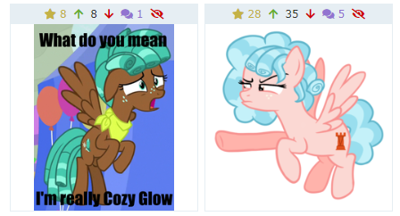 Size: 448x242 | Tagged: cozy glow, cozy glow is not amused, cozy spur, derpibooru, derpibooru import, edit, growing up is hard to do, juxtaposition, meta, older, older cozy glow, safe, spur