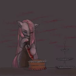 Size: 1024x1024 | Tagged: artist:insanitylittlered, baking, bipedal, blood, cake, derpibooru import, food, grimdark, implied murder, pinkamena diane pie, pinkie pie, solo