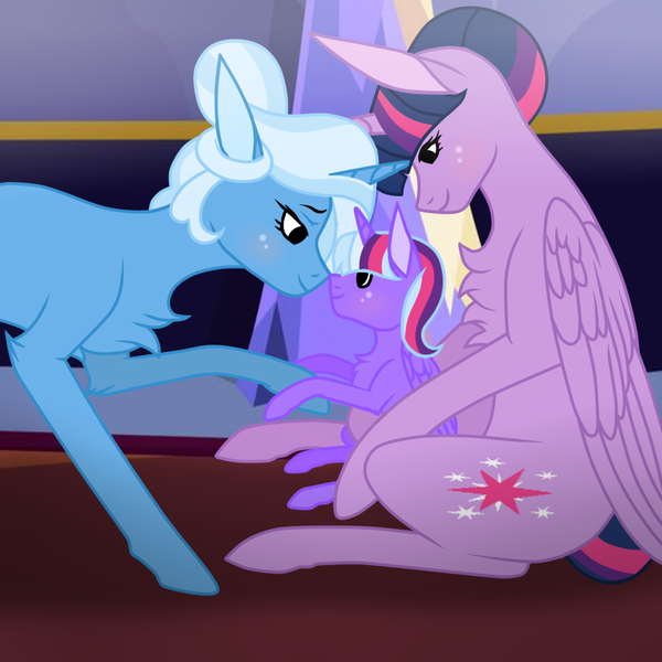 Size: 894x894 | Tagged: safe, artist:missxxfofa123, derpibooru import, trixie, twilight sparkle, twilight sparkle (alicorn), oc, alicorn, pony, unicorn, alicorn oc, base used, chest fluff, family, female, foal, horn, lesbian, magical lesbian spawn, mare, offspring, parent:trixie, parent:twilight sparkle, parents:twixie, shipping, twixie, wings