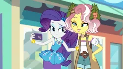 Size: 1920x1080 | Tagged: safe, derpibooru import, screencap, rarity, vignette valencia, equestria girls, equestria girls series, rollercoaster of friendship, beauty mark, bracelet, clothes, duo, duo female, eyeshadow, female, flower, flower in hair, geode of shielding, holly, jewelry, lidded eyes, magical geodes, makeup, mobile phone, pencil skirt, phone, raised eyebrow, selfie, shorts, skirt, smartphone