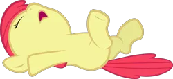 Size: 9360x4250 | Tagged: safe, artist:tardifice, derpibooru import, edit, editor:slayerbvc, vector edit, apple bloom, earth pony, pony, absurd resolution, accessory-less edit, female, filly, missing accessory, on back, simple background, solo, transparent background, vector
