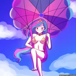 Size: 750x750 | Tagged: artist:lumineko, belly button, bikini, breasts, clothes, crossed legs, derpibooru import, female, flying, human, humanized, parachute, parasailing, princess celestia, sky, solo, solo female, suggestive, swimsuit