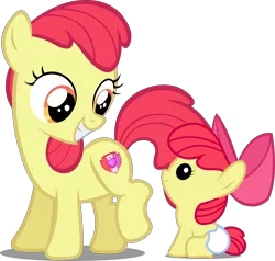 Size: 4694x4475 | Tagged: safe, artist:lilcinnamon, artist:paulyvectors, derpibooru import, edit, editor:slayerbvc, vector edit, apple bloom, earth pony, pony, accessory swap, accessory-less edit, apple bloom's bow, baby, baby apple bloom, baby ponidox, baby pony, bow, diaper, female, filly, foal, grin, hair bow, looking down, looking up, missing accessory, self ponidox, simple background, sitting, smiling, time paradox, transparent background, vector, younger
