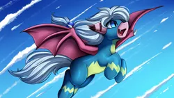 Size: 2920x1642 | Tagged: safe, artist:pridark, derpibooru import, oc, oc:bipen, unofficial characters only, bat pony, pony, bat pony oc, bat wings, clothes, commission, flying, happy, open mouth, solo, uniform, wings, wonderbolts uniform