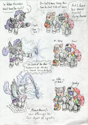 Size: 2454x3484 | Tagged: safe, artist:grimmyweirdy, derpibooru import, part of a set, twist, oc, oc:nyx, alicorn, earth pony, pony, comic:darkest nightmare night, alicorn oc, armor, candy bar, clothes, costume, crusaders, crystal, horn, magic, nightmare night, nightmare night costume, part of a series, possession, traditional art, unfazed, wings