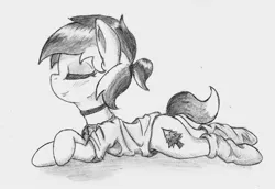 Size: 1370x943 | Tagged: safe, artist:spackle, derpibooru import, oc, oc:amber evergreen, oc:buck evergreen, unofficial characters only, earth pony, pony, choker, clothes, eyes closed, female, mare, monochrome, ponytail, prone, rule 63, shirt, simple background, smiling, socks, solo, t-shirt, traditional art