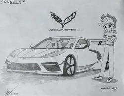 Size: 2580x1990 | Tagged: safe, artist:forzaveteranenigma, derpibooru import, applejack, fanfic:equestria motorsports, equestria girls, car, chevrolet, chevrolet corvette, corvette, corvette c8, general motors, racing suit, supercar, traditional art