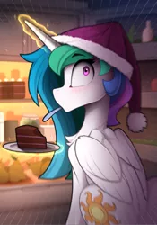 Size: 1069x1525 | Tagged: safe, artist:yakovlev-vad, derpibooru import, princess celestia, alicorn, pony, blushing, cake, cakelestia, caught, christmas, cropped, cute, eating, female, food, hat, holiday, levitation, magic, mare, midnight snack, no mouth, refrigerator, santa hat, solo, surprised, telekinesis, that pony sure loves cake