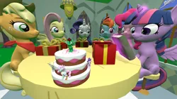 Size: 3840x2160 | Tagged: safe, artist:mrdoctorderpy, derpibooru import, applejack, derpy hooves, fluttershy, kerfuffle, pinkie pie, rainbow dash, rarity, starlight glimmer, twilight sparkle, twilight sparkle (alicorn), oc, oc:northern haste, alicorn, earth pony, pegasus, pony, unicorn, 3d, 4k, book, cake, food, happy birthday mlp:fim, mane six, mlp fim's ninth anniversary, present, source filmmaker