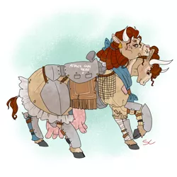 Size: 2000x2000 | Tagged: safe, artist:sourcherry, derpibooru import, oc, oc:nameless, unofficial characters only, brahmin, cow, pony, fallout equestria, armor, clothes, cloven hooves, crotchboobs, curly hair, fallout, horns, multiple heads, nudity, ribbon, scar, scarf, skirt, solo, teats, two heads, udder, wasteland ventures