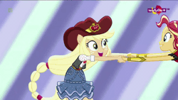 Size: 800x450 | Tagged: safe, derpibooru import, screencap, applejack, sunset shimmer, dance magic, equestria girls, spoiler:eqg specials, animated, clothes, cowboy hat, cute, dancing, dress, female, gif, hat, holding hands, looking at each other, ponied up, shipping fuel, teletoon
