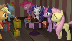 Size: 1280x720 | Tagged: safe, artist:mrm, derpibooru import, applejack, fluttershy, pinkie pie, rainbow dash, rarity, twilight sparkle, twilight sparkle (alicorn), alicorn, earth pony, pegasus, pony, spider, unicorn, 3d, cake, food, happy birthday mlp:fim, mane six, mlp fim's ninth anniversary, prank, present, revamped ponies, scared, smiling, source filmmaker, table