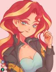 Size: 1280x1621 | Tagged: safe, artist:stasikkarasik, derpibooru import, sunset shimmer, equestria girls, breasts, bust, cleavage, cute, deviantart, female, looking at you, patreon, patreon logo, pink background, shimmerbetes, simple background, smiling, solo, vk