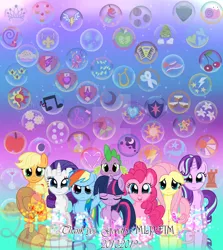 Size: 1280x1434 | Tagged: safe, artist:liablossom, derpibooru import, applejack, fluttershy, pinkie pie, rainbow dash, rarity, spike, starlight glimmer, twilight sparkle, twilight sparkle (alicorn), alicorn, dragon, earth pony, pegasus, pony, unicorn, crying, cutie mark, deviantart watermark, end of ponies, female, floppy ears, happy birthday mlp:fim, male, mane seven, mane six, mare, mlp fim's ninth anniversary, obtrusive watermark, watermark