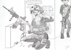 Size: 3480x2462 | Tagged: safe, artist:cypisek95, derpibooru import, oc, unofficial characters only, anthro, earth pony, pegasus, assault rifle, black and white, comic, grayscale, gritted teeth, gun, hooves, male, monochrome, open mouth, rifle, traditional art, weapon, wings