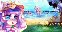 Size: 3898x2048 | Tagged: safe, artist:crybaby, derpibooru import, oc, oc:bay breeze, oc:cloud zapper, oc:demure breeze, oc:mirabelle, oc:mitzy, unofficial characters only, bat pony, pegasus, pony, shark, unicorn, beach, blushing, bow, cute, female, hair bow, hat, male, mare, selfie, stallion, swimming, tail bow