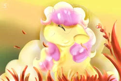 Size: 3000x2000 | Tagged: safe, artist:euspuche, derpibooru import, li'l cheese, pony, the last problem, eyes closed, female, gap, simple background, smiling, solo