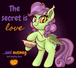 Size: 3053x2735 | Tagged: safe, artist:xchan, derpibooru import, oc, oc:spooky treats, bat pony, ghost, pony, undead, baking, bat pony oc, bat wings, bowl, cute, heart eyes, mixing, mixing bowl, one eye closed, pumpkin, rearing, simple background, solo, stirring, text, wingding eyes, wings, wink