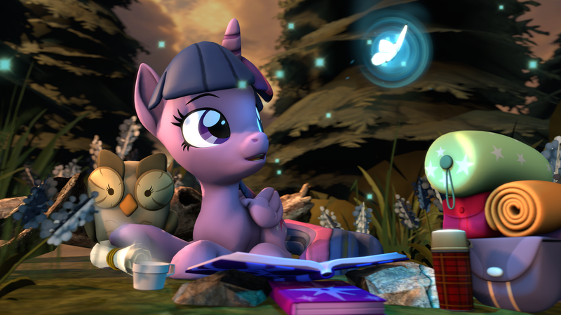 Size: 3840x2160 | Tagged: safe, artist:alicorntwilysparkle, derpibooru import, owlowiscious, twilight sparkle, twilight sparkle (alicorn), alicorn, butterfly, pony, 3d, bags, book, duo, forest, hot drink, open mouth, revamped ponies, scroll, source filmmaker, steam