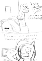 Size: 879x1284 | Tagged: source needed, safe, artist:rigamortis_man, derpibooru import, big macintosh, marble pie, pony, comic, dialogue, faic, grin, incelpie, insanity, joker (2019), lineart, misspelling of your, monochrome, smiling, spoiler for another series, wide eyes