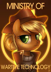 Size: 1754x2480 | Tagged: safe, artist:jedayskayvoker, derpibooru import, part of a set, applejack, earth pony, pony, fallout equestria, fanfic, alternate hairstyle, bust, clothes, coat, cowboy hat, fanfic art, female, hat, hooves, mare, ministry mares, ministry of wartime technology, portrait, poster, solo