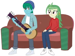 Size: 3125x2326 | Tagged: safe, artist:sketchmcreations, derpibooru import, captain celaeno, oc, oc:azure glide, human, equestria girls, my little pony: the movie, acoustic guitar, azurlaeno, beanie, canon x oc, clothes, commission, couch, ear piercing, earring, equestria girls-ified, female, guitar, hat, hooded jacket, humanized, jeans, jewelry, male, married couple, musical instrument, pants, piercing, ring, shoes, straight, sweater, vector, wedding ring, white shirt
