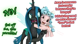 Size: 1920x1080 | Tagged: safe, artist:pika-robo, derpibooru import, cozy glow, queen chrysalis, changeling, changeling queen, pegasus, pony, 3d, angry, cozybetes, cute, cutealis, denied, dialogue, duo, duo female, female, filly, flying, foal, friendshipping, green text, hape, hug, hugs for bugs, madorable, mare, no, not shipping, pink text, rejection, simple background, source filmmaker, transparent background