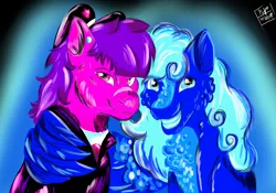 Size: 3000x2100 | Tagged: safe, artist:euspuche, derpibooru import, oc, oc:mónica, oc:verónica lis, unofficial characters only, earth pony, pegasus, pony, duo, looking at you, neon, police, smiling