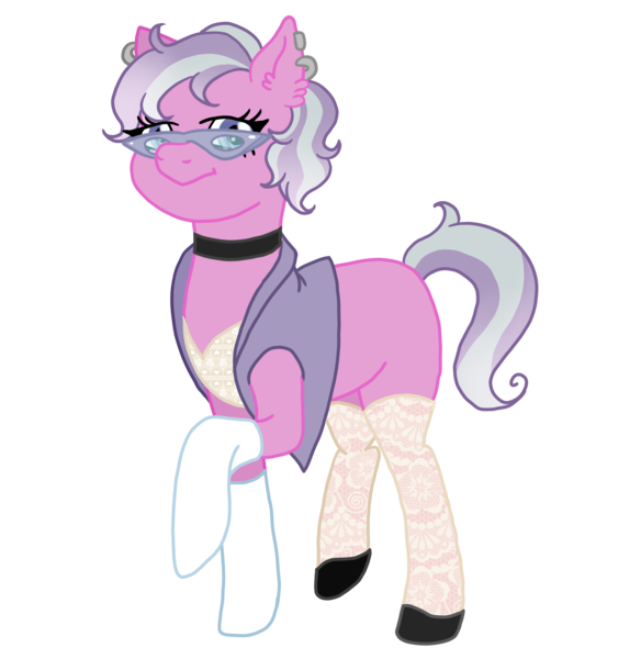 Size: 2421x2488 | Tagged: safe, artist:ponyrasmeii, derpibooru import, oc, oc:satin crystal, unofficial characters only, earth pony, pony, blank flank, choker, clothes, ear piercing, earring, female, flats, glasses, gloves, jewelry, magical lesbian spawn, mare, offspring, parent:limestone pie, parent:suri polomare, parents:suristone, piercing, raised hoof, raised leg, shoes, simple background, socks, solo, stockings, thigh highs, transparent background, vest