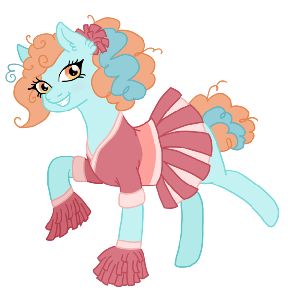 Size: 2421x2488 | Tagged: safe, artist:ponyrasmeii, derpibooru import, oc, oc:swift-steps, unofficial characters only, earth pony, pony, icey-verse, cheerleader, cheerleader outfit, clothes, cute, female, magical lesbian spawn, mare, offspring, parent:lighthoof, parent:shimmy shake, parents:shimmyhoof, pleated skirt, pom pom, raised hoof, raised leg, shirt, simple background, skirt, solo, transparent background
