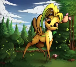 Size: 2660x2322 | Tagged: safe, artist:hitbass, artist:skitsniga, derpibooru import, oc, oc:windy leaves, butterfly, deer, deer pony, insect, ladybug, original species, peryton, chibi, collaboration, deer oc, forest, leaves, pale belly, pointy legs