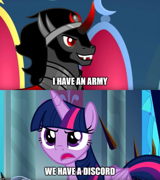 Size: 889x1000 | Tagged: safe, derpibooru import, edit, edited screencap, editor:awkward segway, screencap, king sombra, twilight sparkle, twilight sparkle (alicorn), alicorn, pony, unicorn, the beginning of the end, armor, avengers, canterlot castle, cape, caption, clothes, column, crown, crystal, curved horn, dark crystal, determined, duo, female, flowing mane, frown, horn, i have an army, image macro, implied discord, jewelry, male, mane, mare, meme, open mouth, regalia, robe, smiling, stallion, tail, text, throne, we have a hulk, window, wings