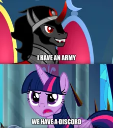 Size: 889x1000 | Tagged: safe, derpibooru import, edit, edited screencap, editor:awkward segway, screencap, king sombra, twilight sparkle, twilight sparkle (alicorn), alicorn, pony, unicorn, the beginning of the end, armor, avengers, canterlot castle, cape, caption, clothes, column, crown, crystal, curved horn, dark crystal, determined, duo, female, flowing mane, frown, horn, i have an army, image macro, implied discord, jewelry, male, mane, mare, meme, open mouth, regalia, robe, smiling, stallion, tail, text, throne, we have a hulk, window, wings