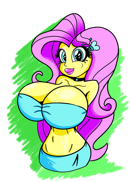 Size: 1500x2100 | Tagged: suggestive, alternate version, artist:stammis, derpibooru import, fluttershy, bat pony, human, equestria girls, big breasts, big lips, bimbo, bimboification, bimboshy, breasts, busty fluttershy, choker, colored, flat colors, flutterbat, huge breasts, race swap, simple background, skimpy outfit, sluttershy, solo