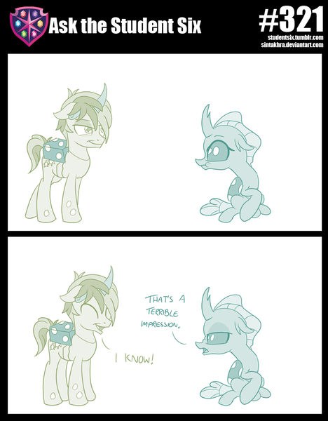 Size: 800x1026 | Tagged: safe, artist:sintakhra, derpibooru import, ocellus, sandbar, changedling, changeling, pony, tumblr:studentsix, 2 panel comic, clothes, comic, cosplay, costume, cute, dialogue, diaocelles, duo, duo male and female, female, foal, impressions, male, nightmare night costume, ocellus is not amused, sandabetes, teenager, unamused